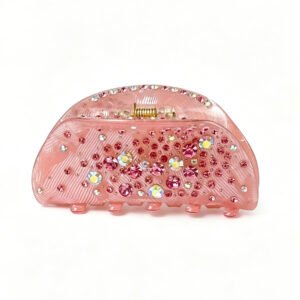 Soft blush pink curved acetate hair claw clip embedded with shimmer rhinestones, romantic daily hair jewelry
