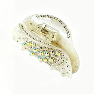 Cream acetate hair claw clip with AB colored rhinestones and sturdy metal spring inside