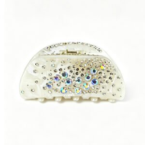 Ivory white curved acetate hair claw clip inlaid with sparkling rhinestones, delicate women hair accessory