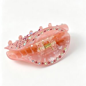 Inner flexible spring of pink rhinestone hair claw clip, large opening fits thick hair