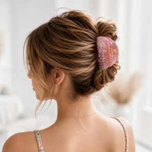 Back view of women wearing pink rhinestone hair claw clip for casual messy bun hairstyle
