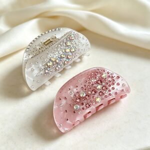 White & pink glitter rhinestone acetate hair claw clips, elegant women hair accessories for thick hair