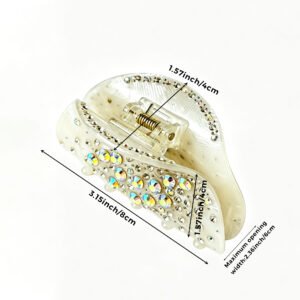 Detailed measurement dimension chart for rhinestone acetate hair claw clip, length, height and maximum opening width