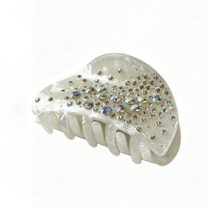 Non-slip teeth structure of white rhinestone hair claw clip, stable hold for thick long hair