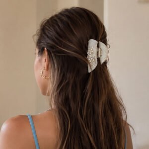 White rhinestone hair claw clip for half-up long hair, minimalist office daily hairstyle